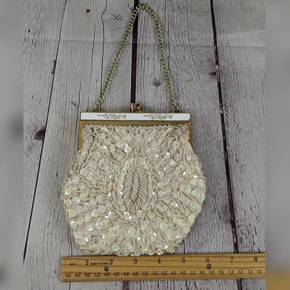 Vintage Hand Beaded Sequin Ivory Clutch Evening Purse by Laura